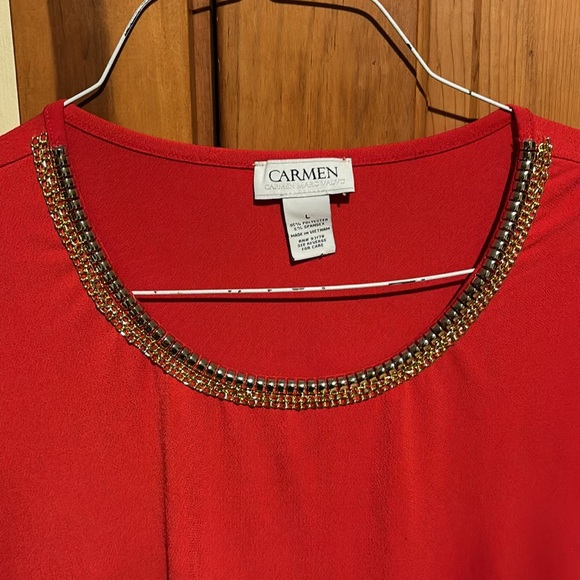 Carmen Marc Valvo Holiday Red Short Sleeve Blouse Christmas SzL - Picture 3 of 7